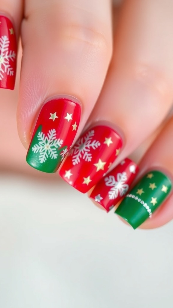 Short Christmas nails with red and green polish, decorated with snowflakes and stars.